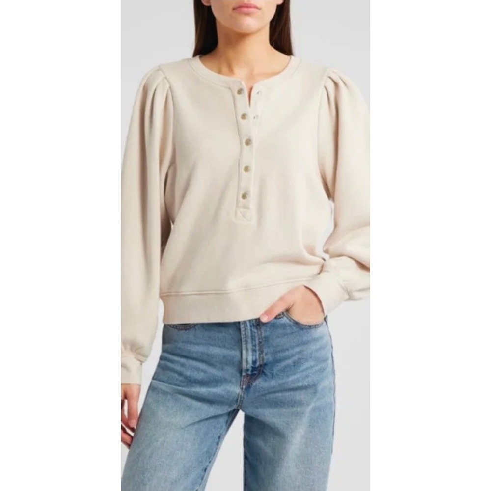 Rails Mariana Sand Beige Henley Puff Sleeve Sweatshirt 535B-387C-330 Medium